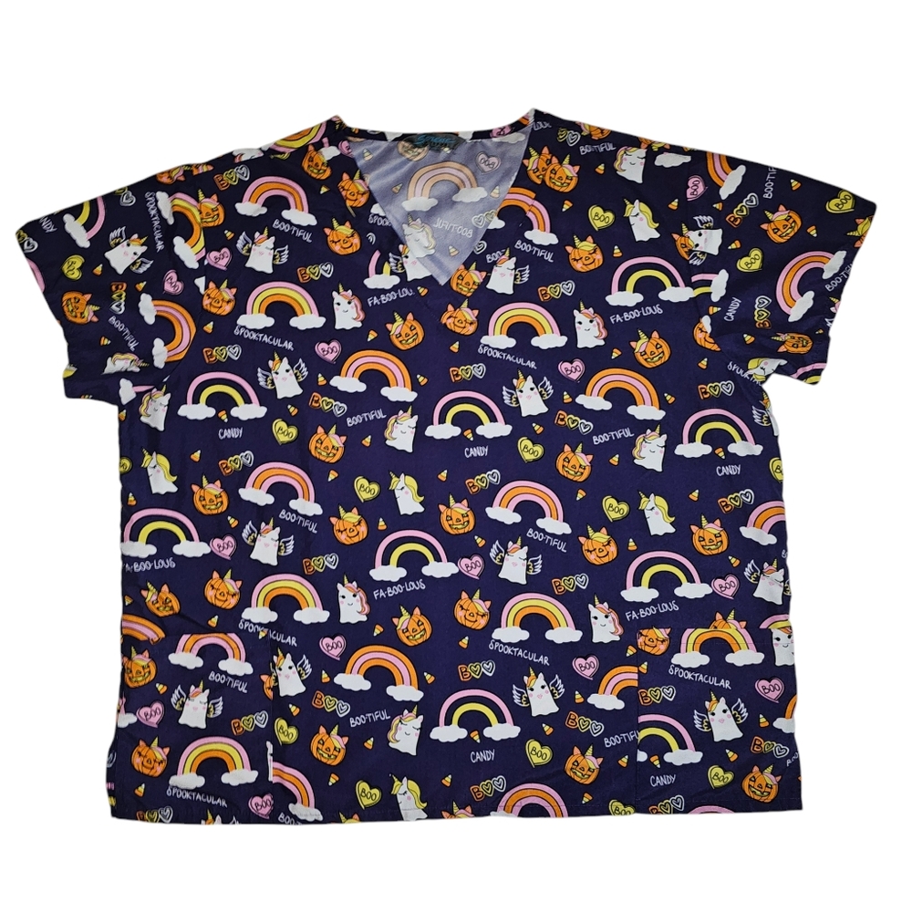 Serene Uniforms Womens 2XL Halloween Unicorn Ghost Pumpkins Purple Scrub Top